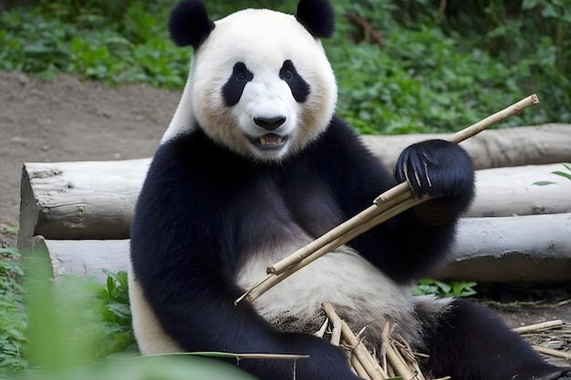 Panda che mangia germogli di bambù, rete neurale di orsi bianchi e neri rari e in via di estinzione generata dall'intelligenza artificiale