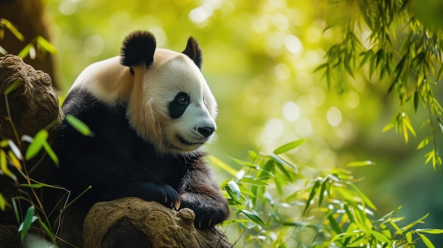 Panda che riposa su un ramo di albero con foglie di bambù