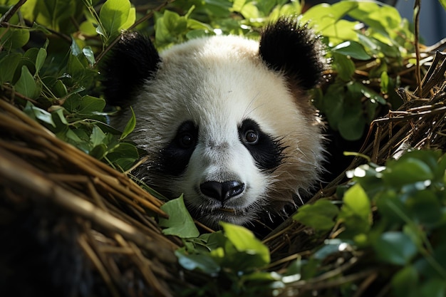 Panda che riposa tra i lussureggianti bambù generativi IA