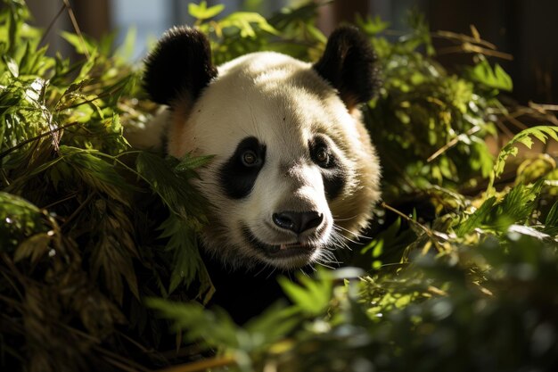 Panda che riposa tra i lussureggianti bambù generativi IA