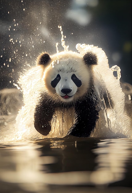 Panda che sguazza in una pozza d'acqua rinfrescandosi in una calda giornata generativa ai