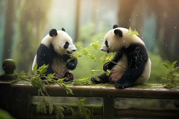 Panda che si godono un banchetto di bambù in una foresta di bambù
