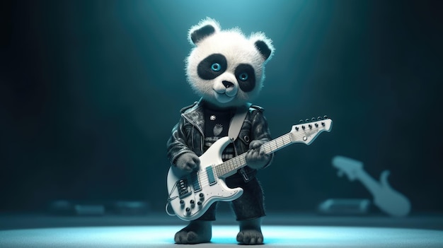 Panda che suona una chitarra su un palco