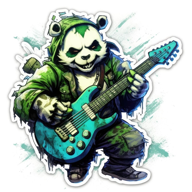 Panda chitarra basso tatuaggio adesivo illustrazione Halloween spaventoso inquietante orrore diavolo pazzo