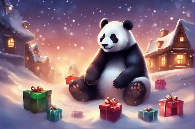 Panda con regali di Natale nella neve sfocato sullo sfondo con belle luci nelle case