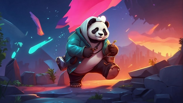 Panda dei cartoni animati che indossa un cappuccio