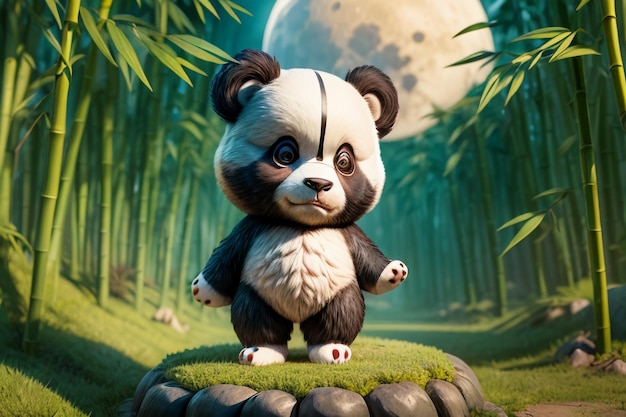 Panda del tesoro nazionale cinese dei cartoni animati che gioca nella foresta di bambù Anime 3D Rendering Wallpaper