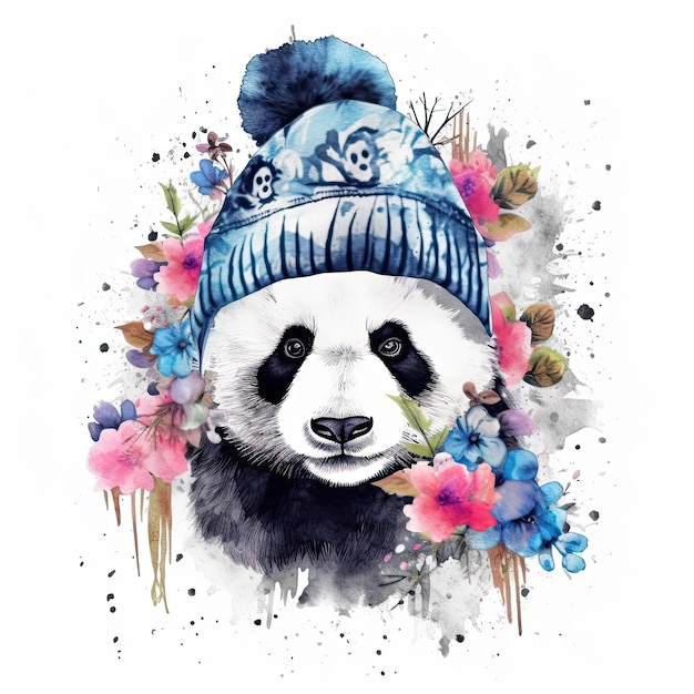 Panda dell'acquerello in cappello con fiori Illustrazione AI GenerativexA