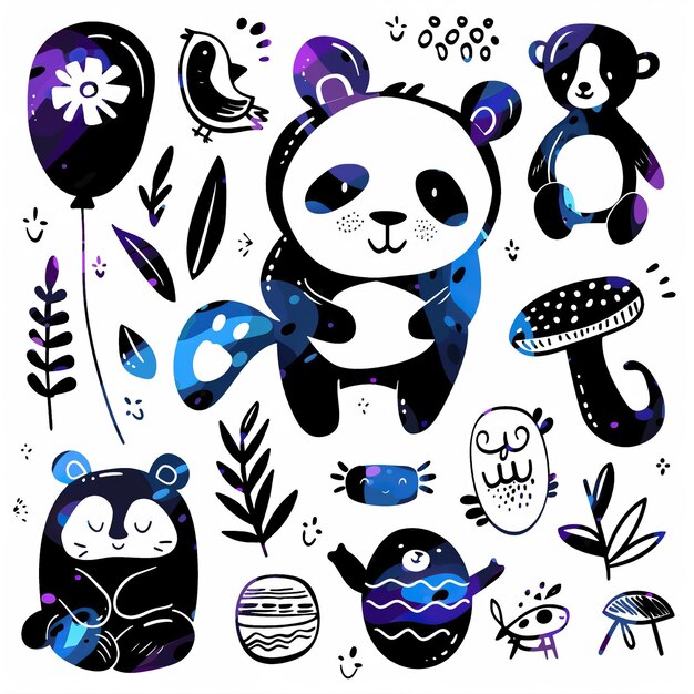 Panda flat vector linear tem set illustrazione di alta qualità