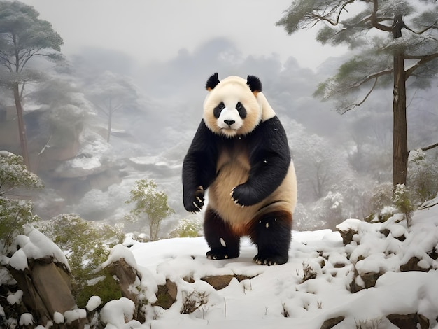 Panda gigante adulto splendore innevato in piedi alto