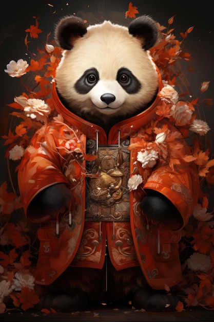 Panda gigante carino vestito con abiti tradizionali cinesi illustrazione generativa IA