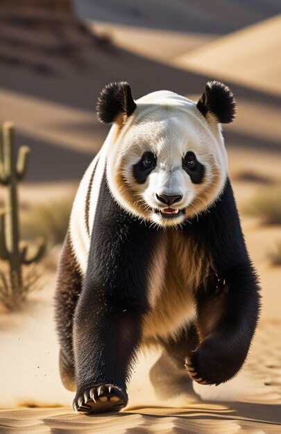 Panda in corsa sulla pista sullo sfondo natura del deserto fauna selvatica e neve