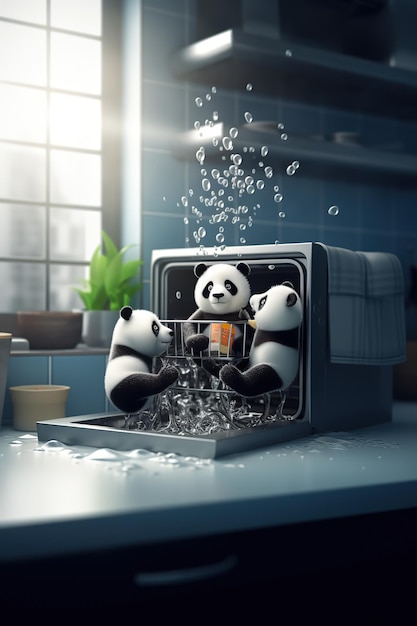 Panda in un forno a microonde con l'acqua che cade da loro.