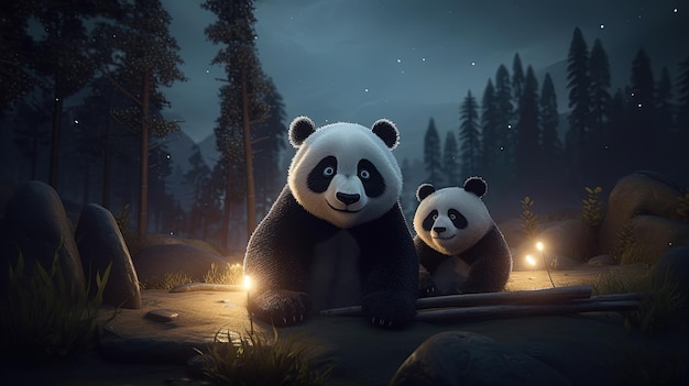 Panda in una foresta con una lanterna sullo sfondo