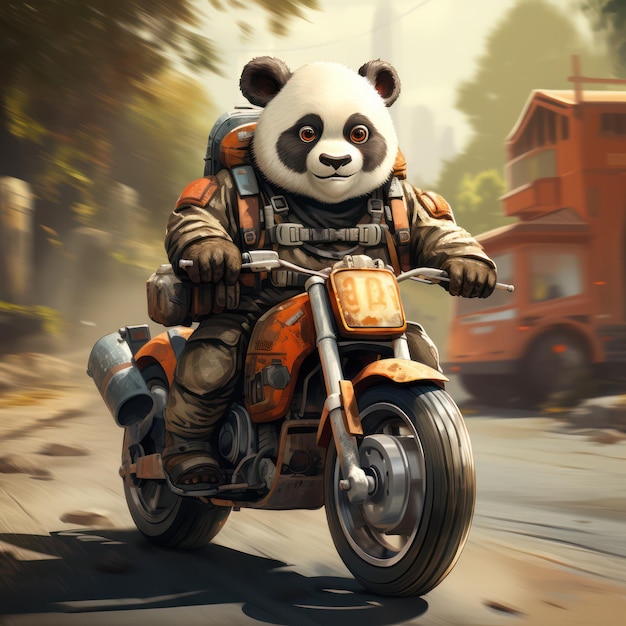 Panda in viaggio in sella a una moto illustrazione