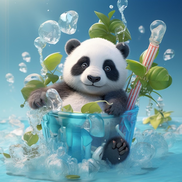 panda molto carino con cubetti di ghiaccio