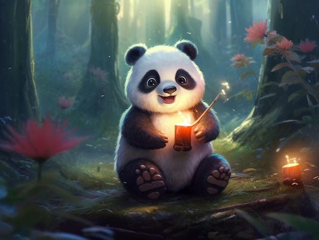 Panda nella foresta con una candela