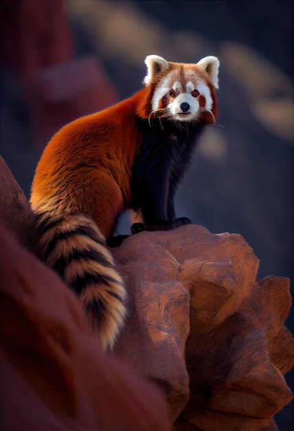 Panda rosso appollaiato su un affioramento roccioso che sorveglia il suo territorio generativo ai