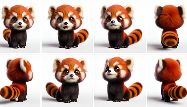 panda rosso carino illustrato in quattro angoli ciascuno con un'espressione unica su uno sfondo bianco