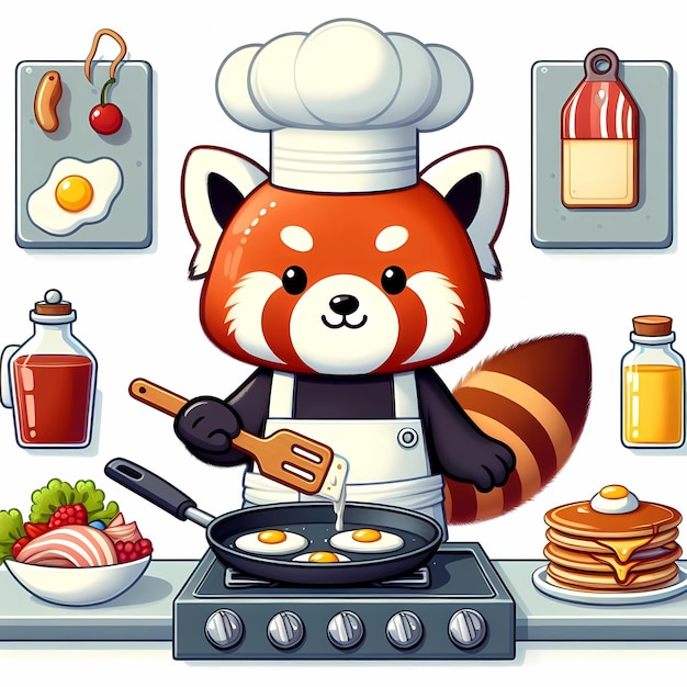 panda rosso che prepara la colazione