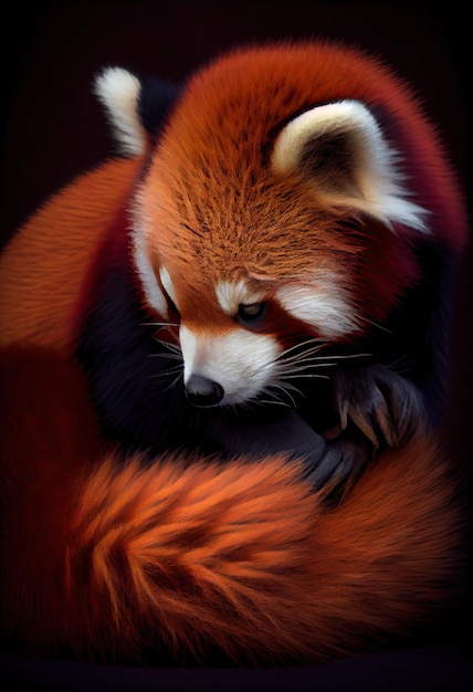 Panda rosso che pulisce la sua folta pelliccia usando i suoi artigli affilati per eliminare ogni groviglio dall'IA generativa