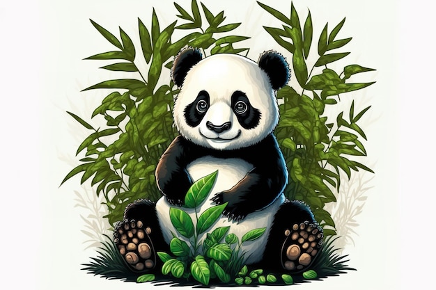 Panda sveglio che si siede con bambù nell'immagine del fumetto di un animale e di un emblema naturale