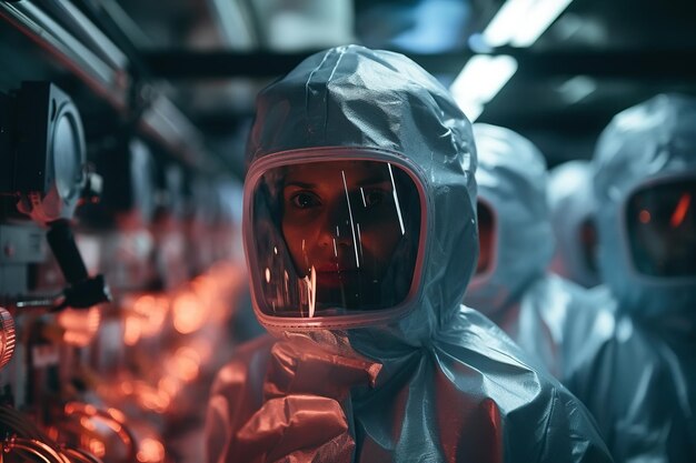 Pandemia di virus o epidemia squadra di scienziati virologo donna afroamericana medico in uniforme di protezione biochimica e maschere in laboratorio