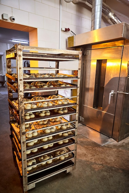 Pane a pasta cruda su una teglia da forno prima della cottura in forno presso la produzione