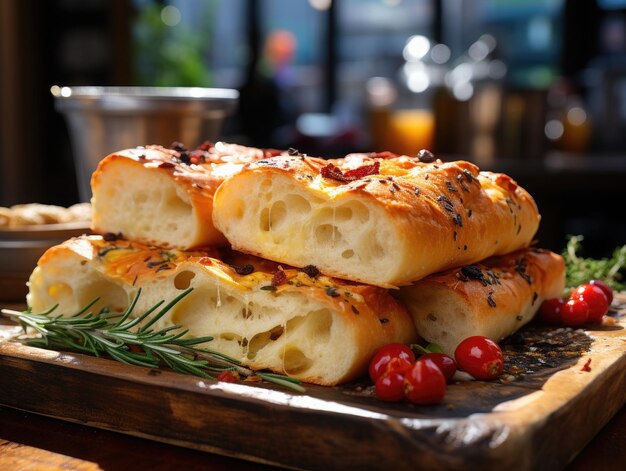 Pane al forno con formaggio e rosmarino su una tavola di legno