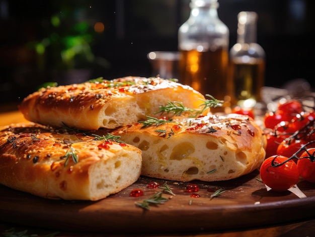 Pane al forno con formaggio ed erbe aromatiche su sfondo di legno Messa a fuoco selettiva