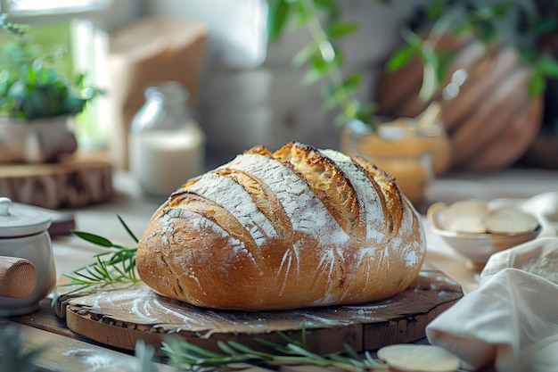 Pane al lievito appena cotto su tavola di legno in cucina rustica con ingredienti e verdure