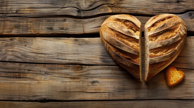 Pane appena cotto a forma di cuore su uno sfondo di legno
