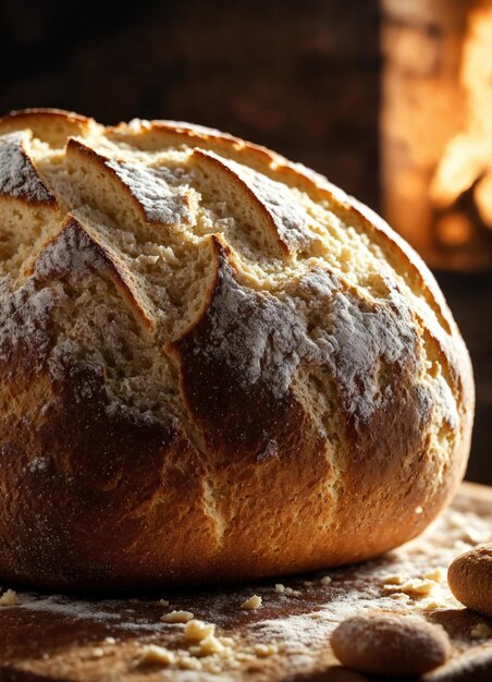 Pane appena cotto con semi di sesamo su una tavola di legno ai generative