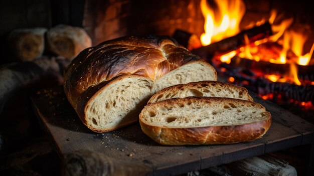 Pane appena cotto in una panetteria rustica con forno tradizionale sfondo alimentareIA generativa