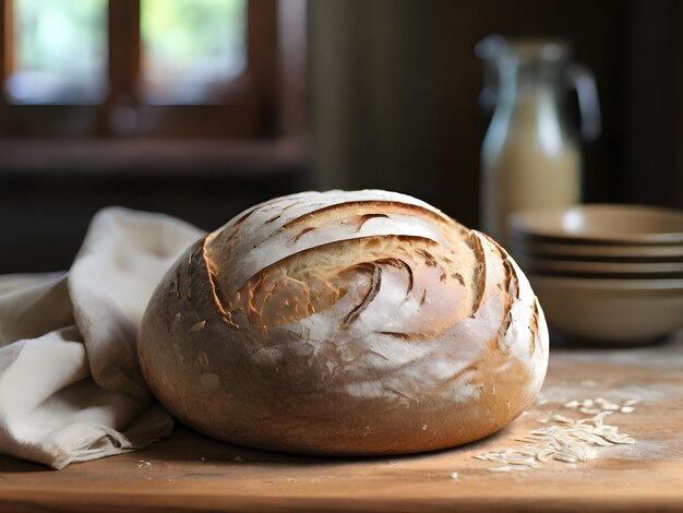 Pane appena cotto su tavola di legno da vicino Prodotti da forno