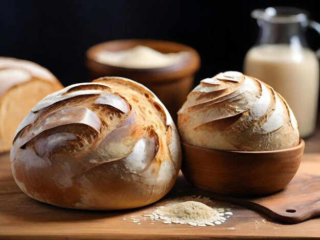 Pane appena cotto su tavola di legno da vicino Prodotti da forno