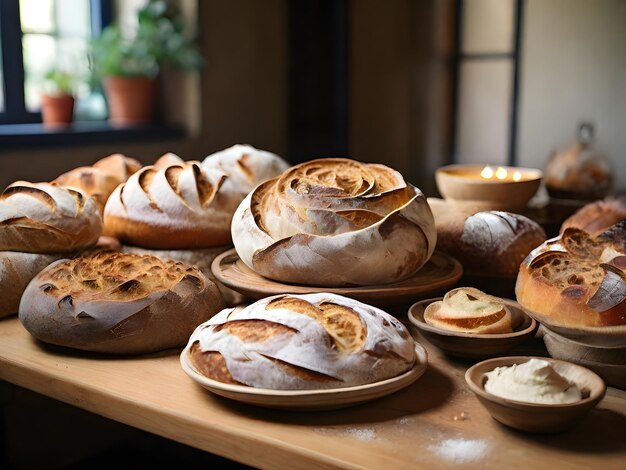 Pane appena cotto su tavola di legno da vicino Prodotti da forno