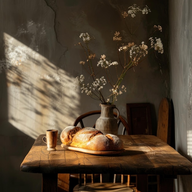 Pane appena cotto su un tavolo di legno alla luce del mattino