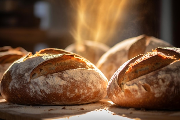 Pane appena sfornato al sole nel panificio