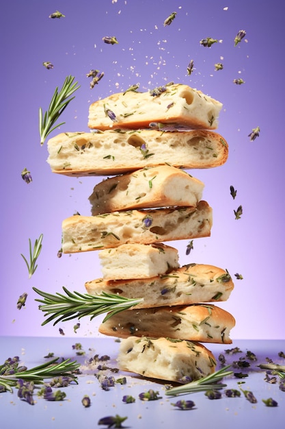 Pane appena sfornato con rametti di lavanda e rosmarino per una deliziosa esperienza aromatica Generativ...