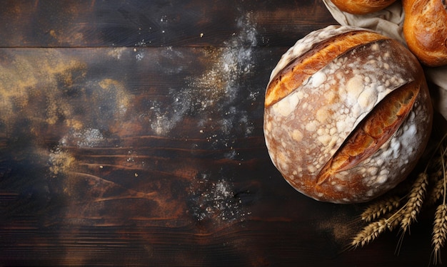 Pane appena sfornato con spighe di grano su sfondo di legno 1