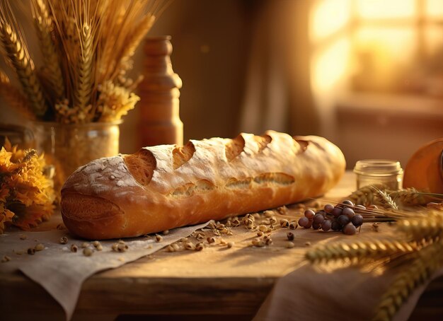 Pane appena sfornato con spighe di grano su un tavolo di legno