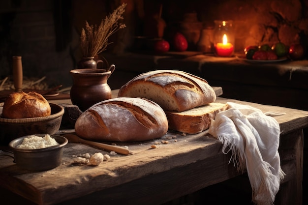 Pane appena sfornato su un tavolo di legno rustico