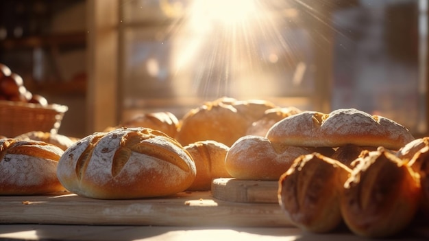 Pane appena sfornato sul tavolo nel panificio Sfondo di panetteria