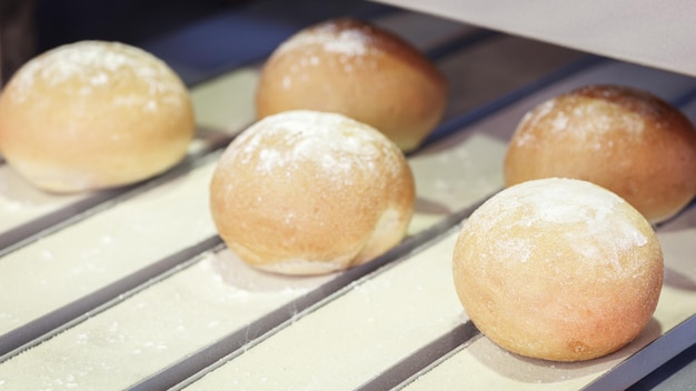 Pane appena sfornato sulla macchina della linea di produzione nella fabbrica di panetteria