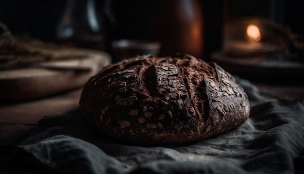 Pane appena sfornato sulla tavola di legno rustica generata da AI