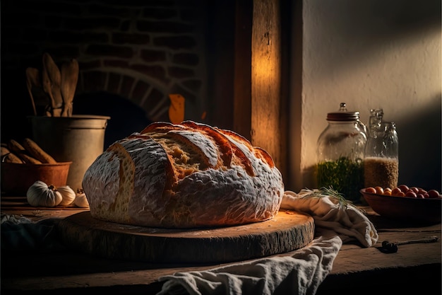 Pane artigianale rustico fatto in casa o pane ciabatta italiano pane rustico a lievitazione naturale in cesto di vimini