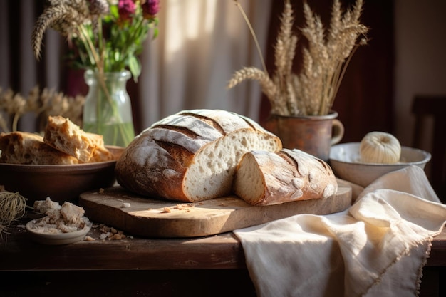 Pane artigianale su una tavola di legno con farina naturale e grano in un ambiente rustico accogliente