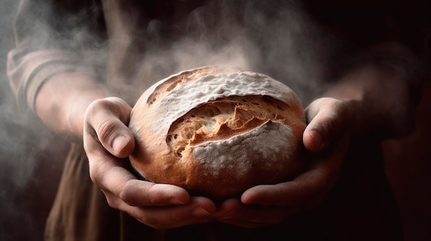 Pane caldo nelle mani di un fornaio maschio IA generativa