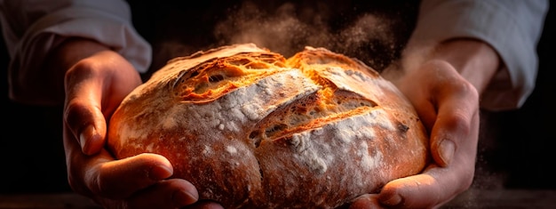 Pane caldo nelle mani di un fornaio maschio IA generativa